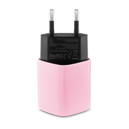 Uniwersalna ładowarka sieciowa eXc CUBE,1xUSBA QC+1xUSBC PD,33W,jasno różowa