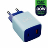 Uniwersalna szybka ładowarka sieciowa eXc CUBE,1xUSBA QC+1xUSBC PD,30W, jasno niebiesko-granatowa