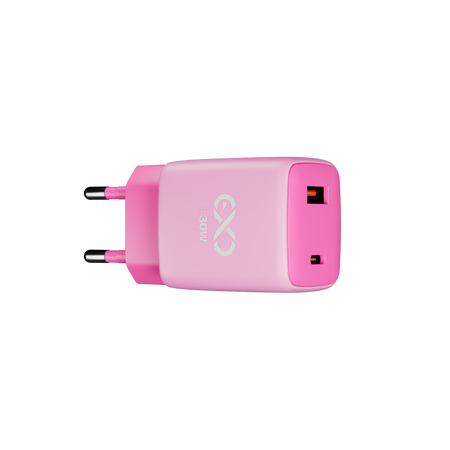 Uniwersalna szybka ładowarka sieciowa eXc CUBE,1xUSBA QC+1xUSBC PD,30W, jasno różowo-różowa