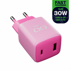 Uniwersalna szybka ładowarka sieciowa eXc CUBE,1xUSBA QC+1xUSBC PD,30W, jasno różowo-różowa