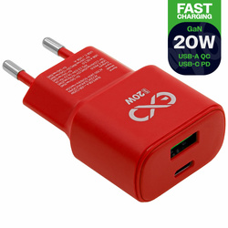 Uniwersalna ładowarka sieciowa eXc SLIM,1xUSBA QC+1xUSBC PD,20W,czerwona