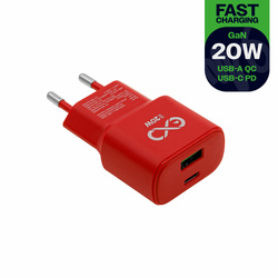 Uniwersalna ładowarka sieciowa eXc SLIM,1xUSBA QC+1xUSBC PD,20W,czerwona