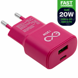 Uniwersalna ładowarka sieciowa eXc SLIM,1xUSBA QC+1xUSBC PD,20W,cukierkowo różowa