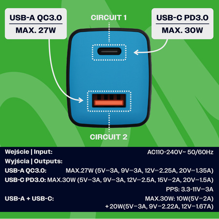 Uniwersalna szybka ładowarka sieciowa eXc CUBE,1xUSBA QC+1xUSBC PD,30W, czarno-niebieska