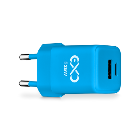 Uniwersalna ładowarka sieciowa eXc CUBE,1xUSBA QC+1xUSBC PD,25W, rozlany cyan