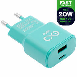 Uniwersalna ładowarka sieciowa eXc SLIM,1xUSBA QC+1xUSBC PD,20W,miętowa