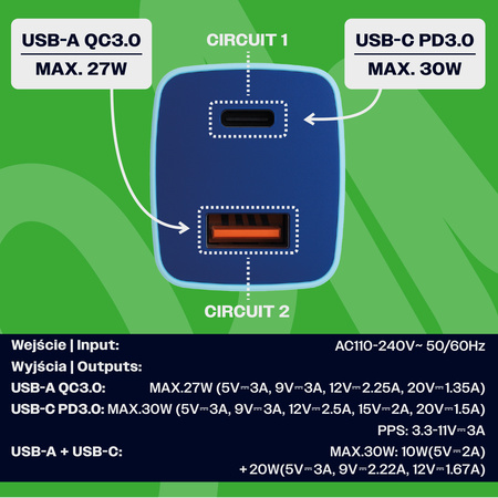 Uniwersalna szybka ładowarka sieciowa eXc CUBE,1xUSBA QC+1xUSBC PD,30W, jasno niebiesko-granatowa