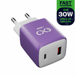 Uniwersalna szybka ładowarka sieciowa eXc CUBE,1xUSBA QC+1xUSBC PD,30W, lilowo-biała