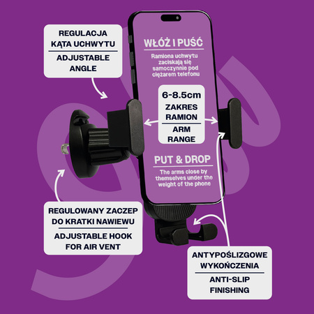 Uniwersalny uchwyt samochodowy na telefon komórkowy eXc GRAVITY, czarny