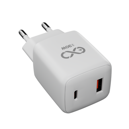 Uniwersalna szybka ładowarka sieciowa eXc CUBE,1xUSBA QC+1xUSBC PD,30W, biała