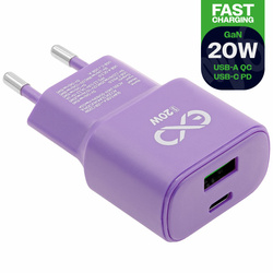 Uniwersalna ładowarka sieciowa eXc SLIM,1xUSBA QC+1xUSBC PD,20W,liliowa