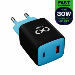 Uniwersalna szybka ładowarka sieciowa eXc CUBE,1xUSBA QC+1xUSBC PD,30W, czarno-niebieska