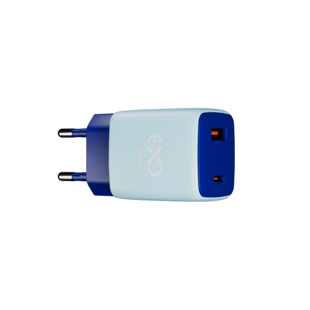 Uniwersalna szybka ładowarka sieciowa eXc CUBE,1xUSBA QC+1xUSBC PD,30W, jasno niebiesko-granatowa