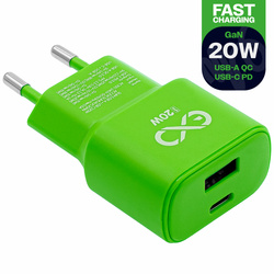 Uniwersalna ładowarka sieciowa eXc SLIM,1xUSBA QC+1xUSBC PD,20W,neonowo zielona