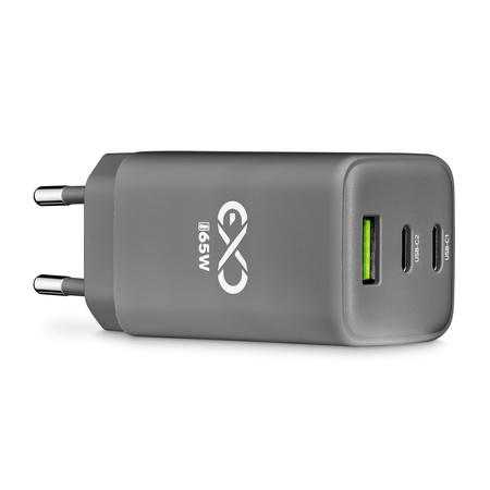 Uniwersalna ładowarka sieciowa eXc CUBE,1x USBA QC+2x USBC PD,65W, szara