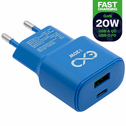 Uniwersalna ładowarka sieciowa eXc SLIM,1xUSBA QC+1xUSBC PD,20W,rozlany cyan