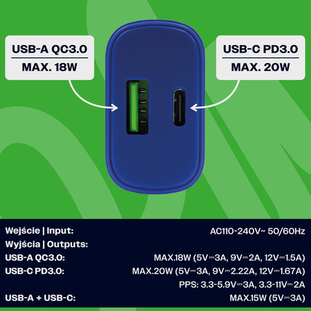 Uniwersalna ładowarka sieciowa eXc SLIM,1xUSBA QC+1xUSBC PD,20W,granatowa
